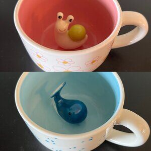 Pair of Surprise Wide-Mouth Ceramic Mugs w/ 3-D Peek-a-Boo Snail & Blue Whale